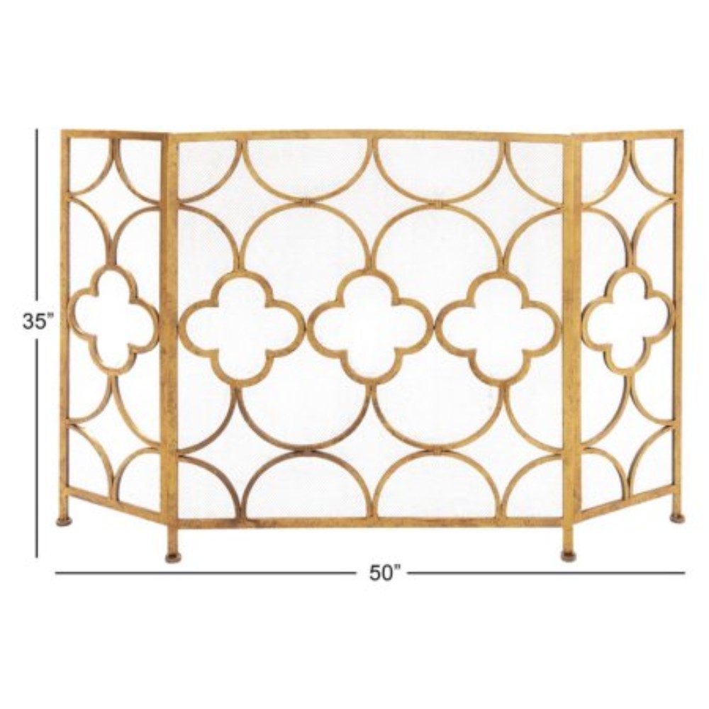Space Efficient 3 Panel Metal Fireplace Screen, Gold