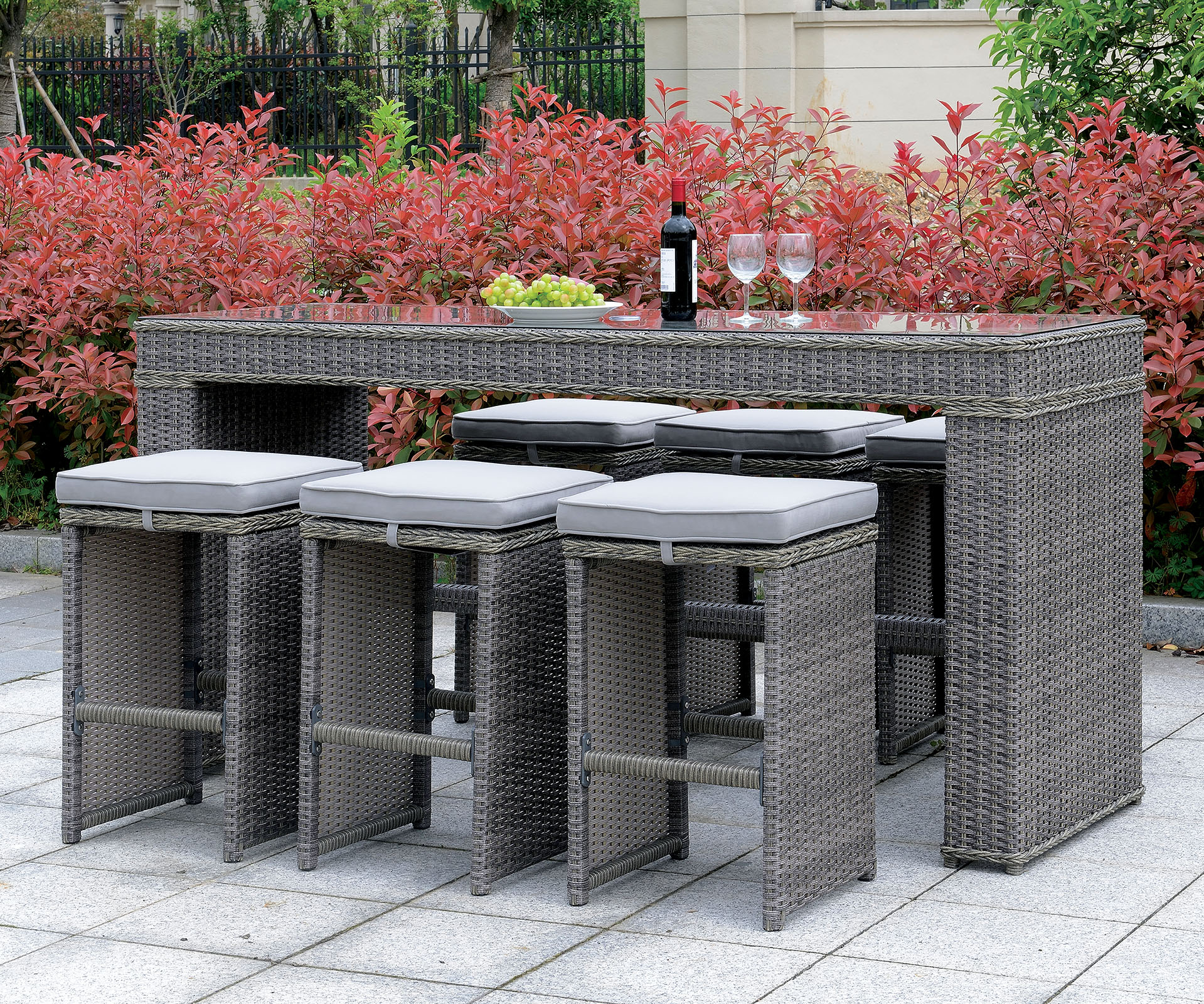 6 Piece Patio Bar Stool In Aluminum Wicker Frame And Padded Fabric Seat, Gray