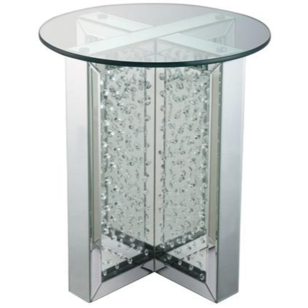 Round Mirrored Metal End Table with Glass Top and Crystal Accent Base, Silver