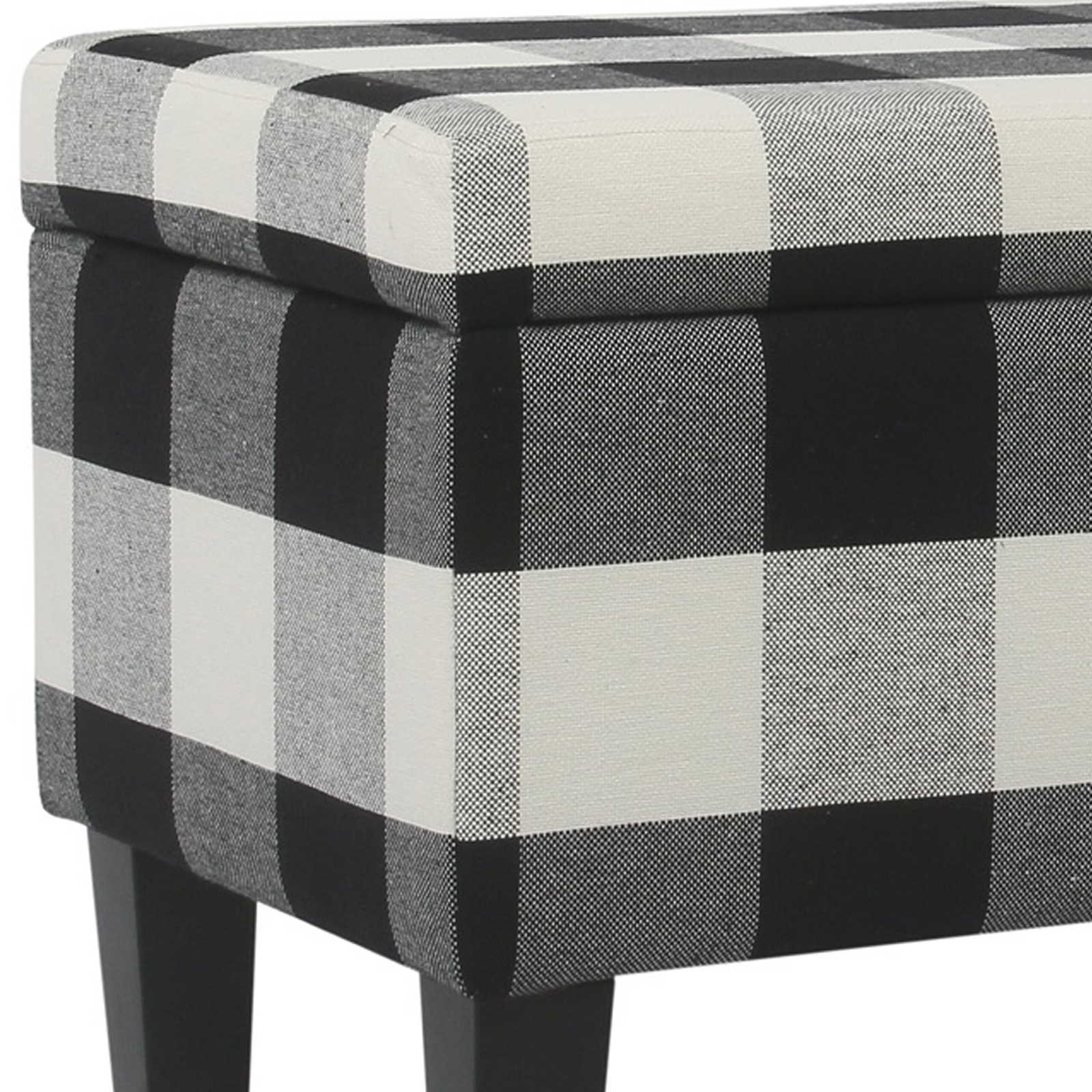 Checkered Pattern Fabric Upholstered Storage Bench With Tapered Wood Legs, Large, Black and White