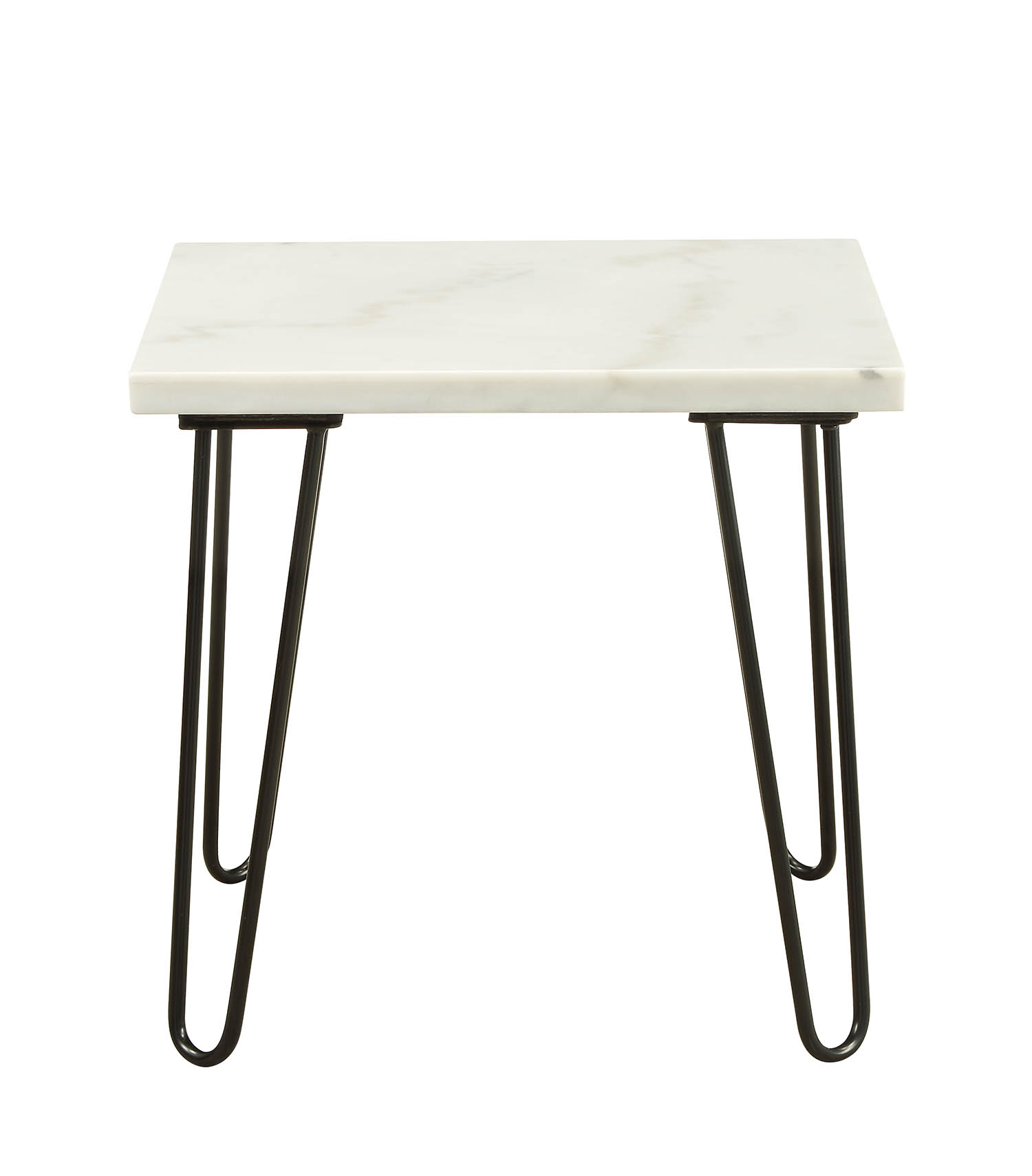 Marble Top End Table with Hairpin Style Metal Legs, White and Black