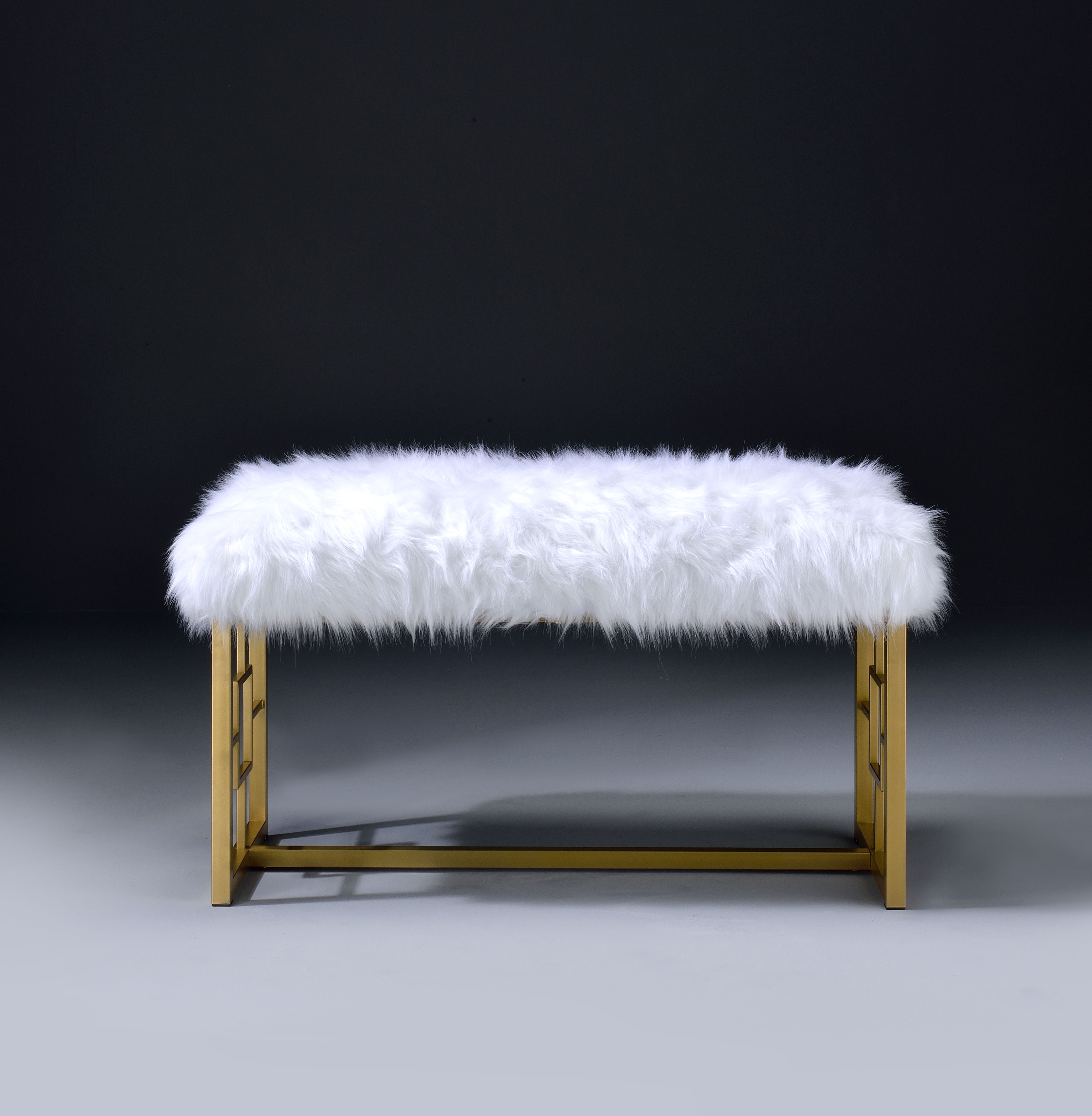Modern Style Faux Fur Upholstered Bench with Geometrical Side Panels, White and Gold