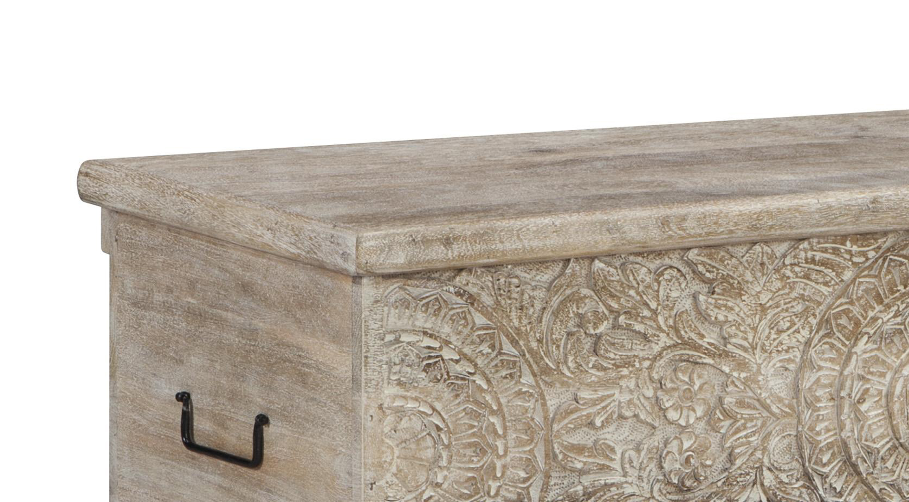 Medallion Pattern Wooden Storage Bench with Hinged Opening, White