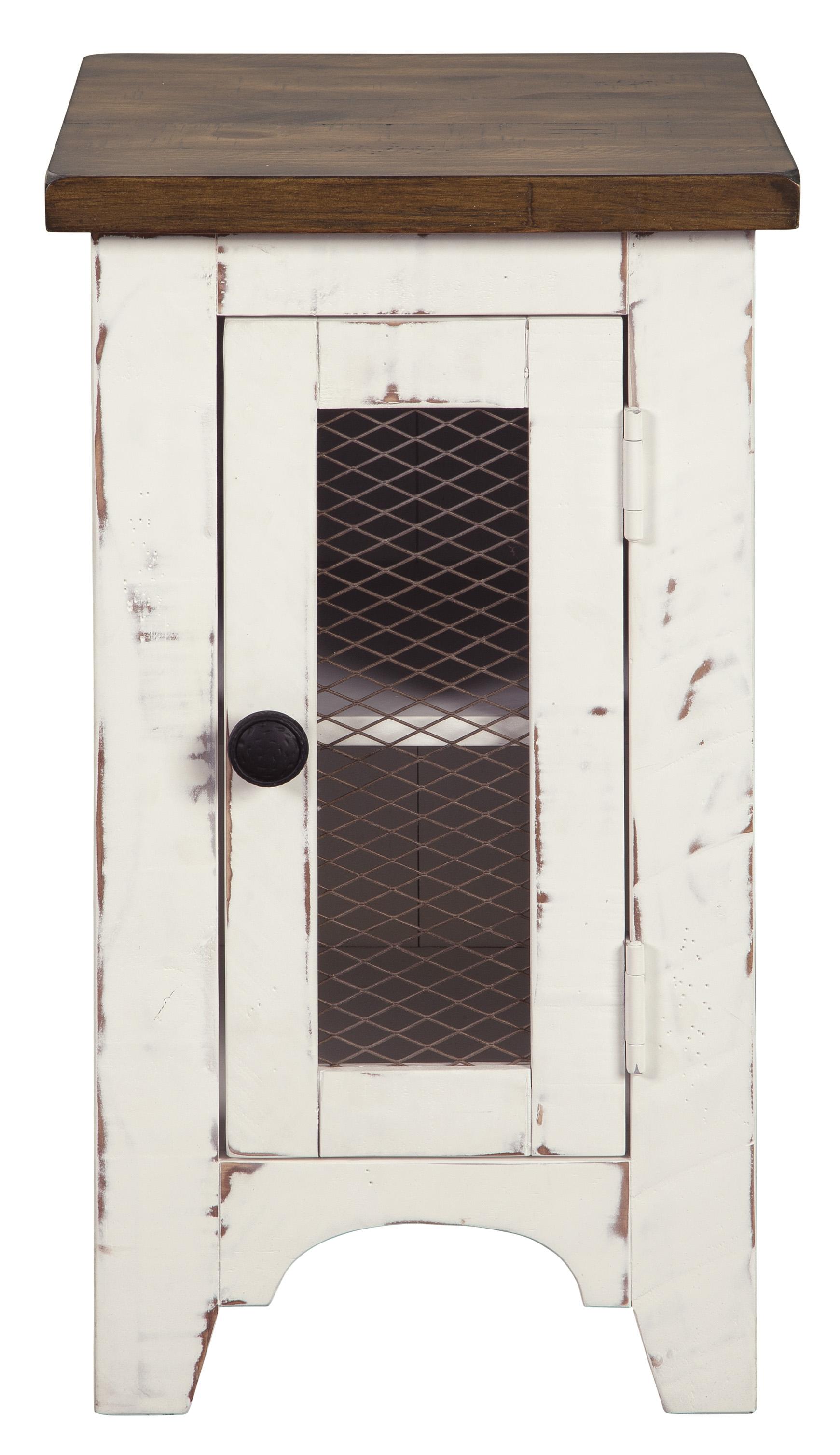 Two Tone Chair Side End Table with Wire Metal Grill Cabinet,Brown and White
