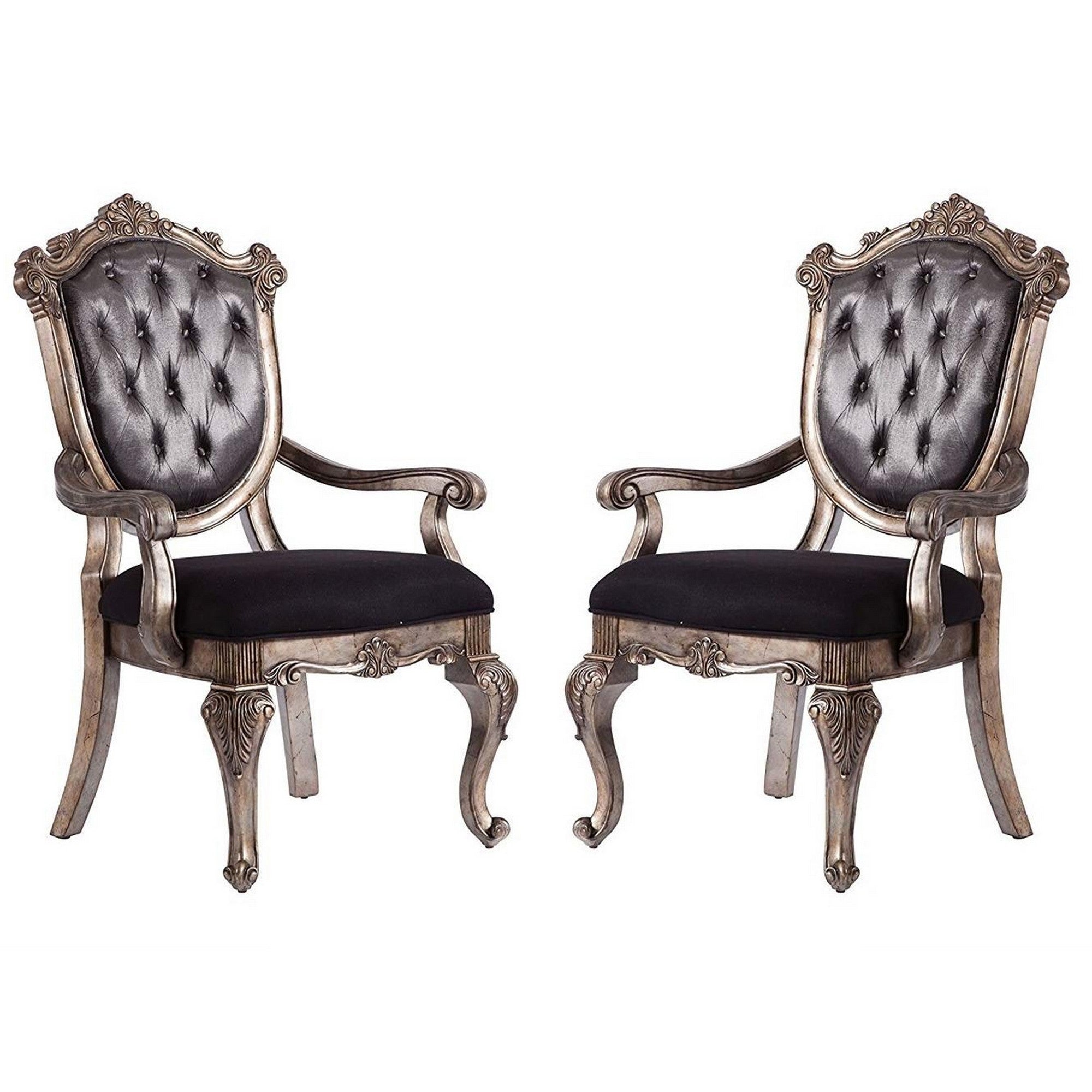 Wooden Arm Chair with Button Tufted Padded Backrest,Set of 2,Silver and Gray