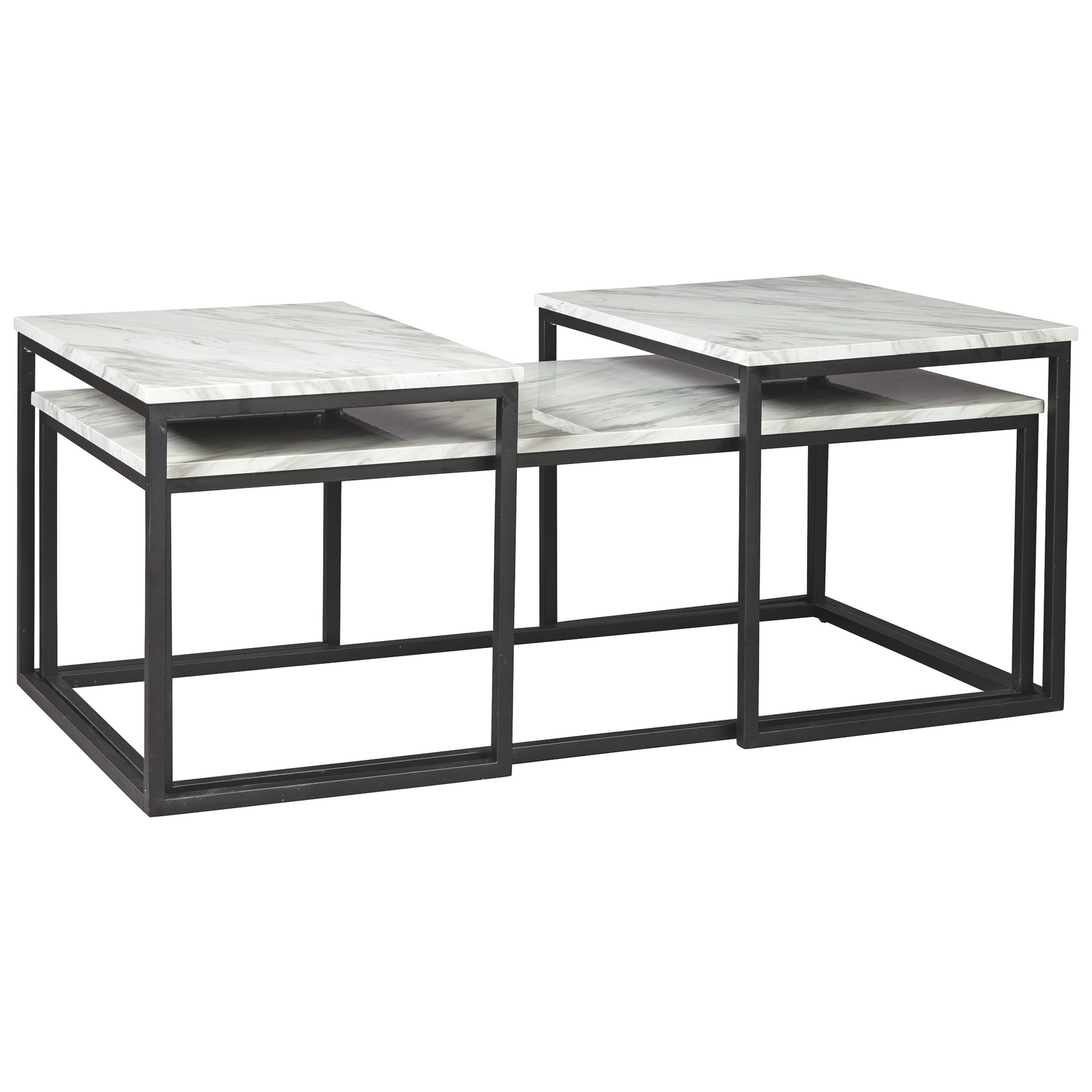 3 Piece Metal Frame Occasional Table Set with Marble Top, White and Black