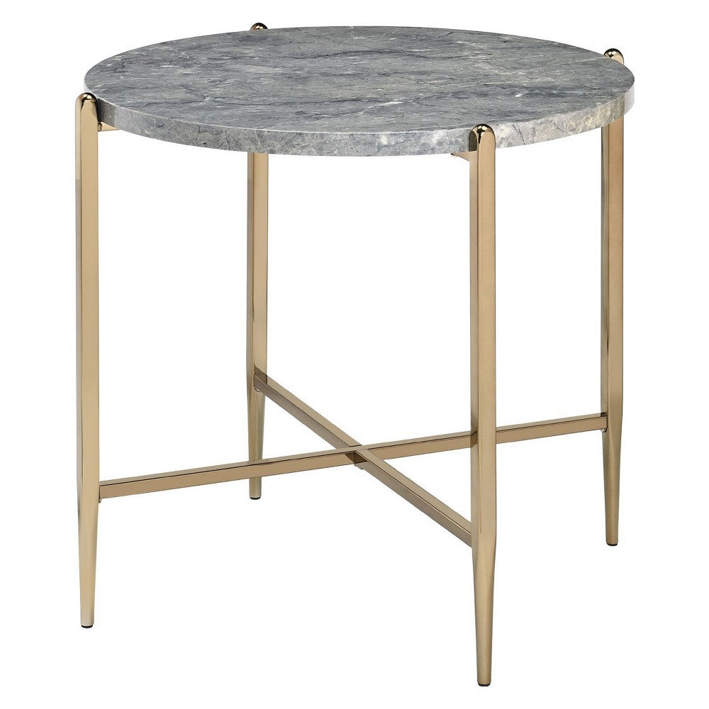 End Table with Oval Marble Top and X Shaped Support, Gray and Gold