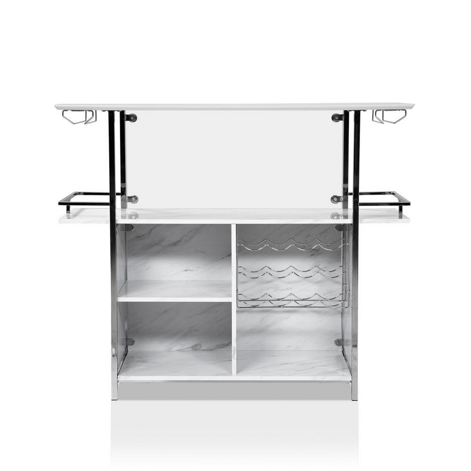 Bar Table with Faux Marble and Chrome Finish, White and Silver