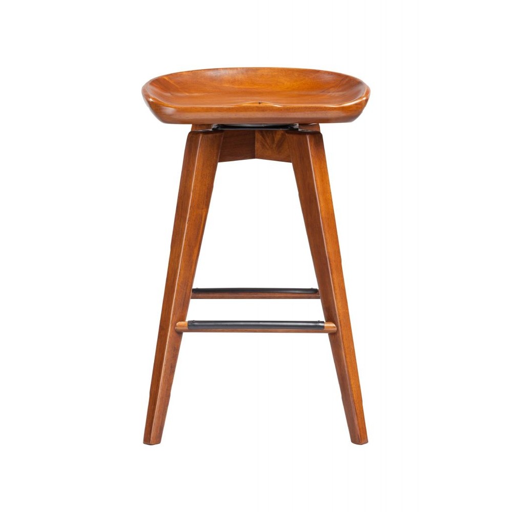Contoured Seat Wooden Swivel Counter Stool with Angled Legs, Walnut Brown