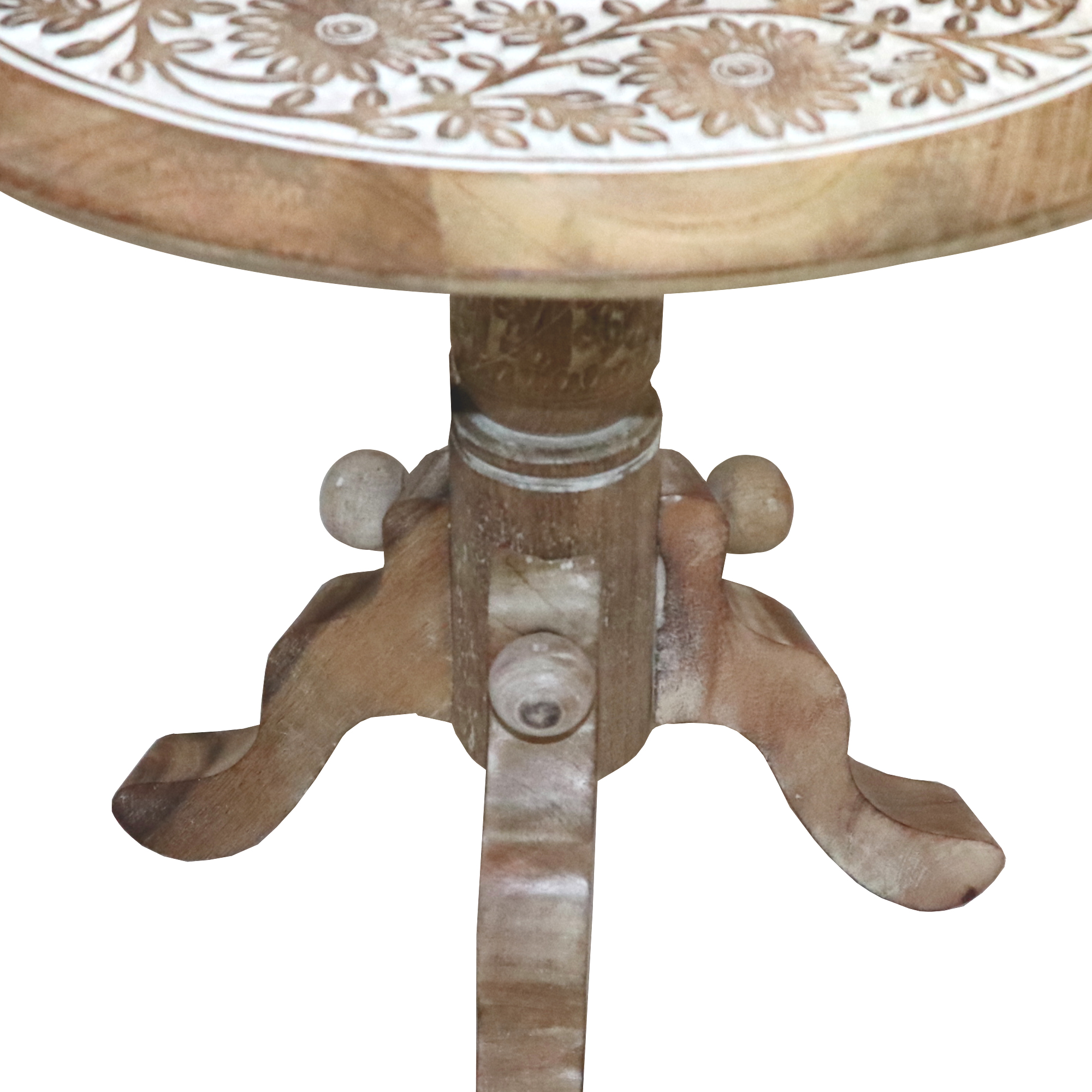 Intricately Carved Round Top Mango Wood Side End Table with Pedestal Base, Brown and White