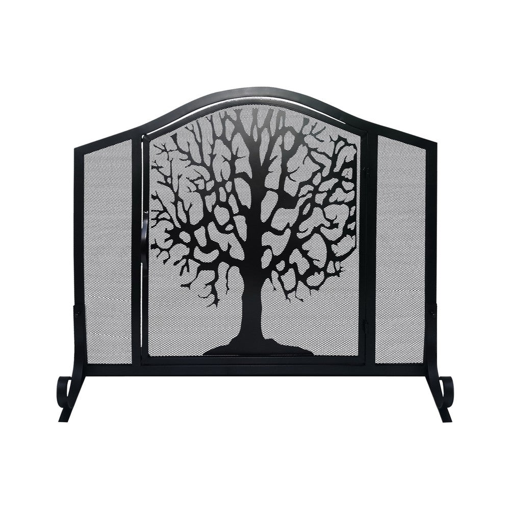 43 Inches Grid Scalloped Metal Tree of Life Decorative Fireplace Screen with Doors , Black