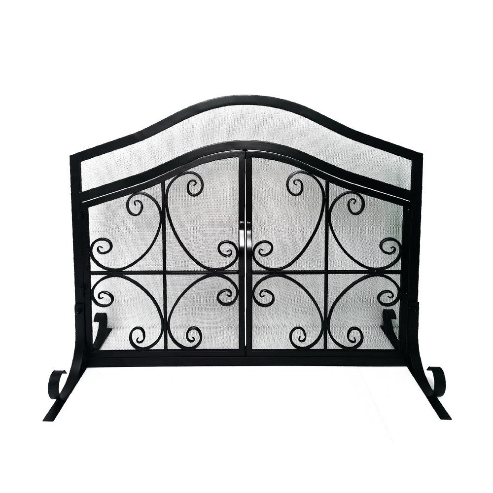 43 Inches Grid Scalloped Metal Decorative Fireplace Screen with Doors & Scrollwork, Black