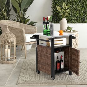 Single door bar cart,Outdoor Kitchen Wicker Island Rolling Cart & Storage Cabinet, Wheels and Stainless Steel Extended Table Top