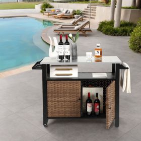 Outdoor Kitchen Wicker Island Rolling Cart & Storage Cabinet, Wheels and Stainless Steel Extended Table Top, Side Handle for Patio Kitchen or Bar