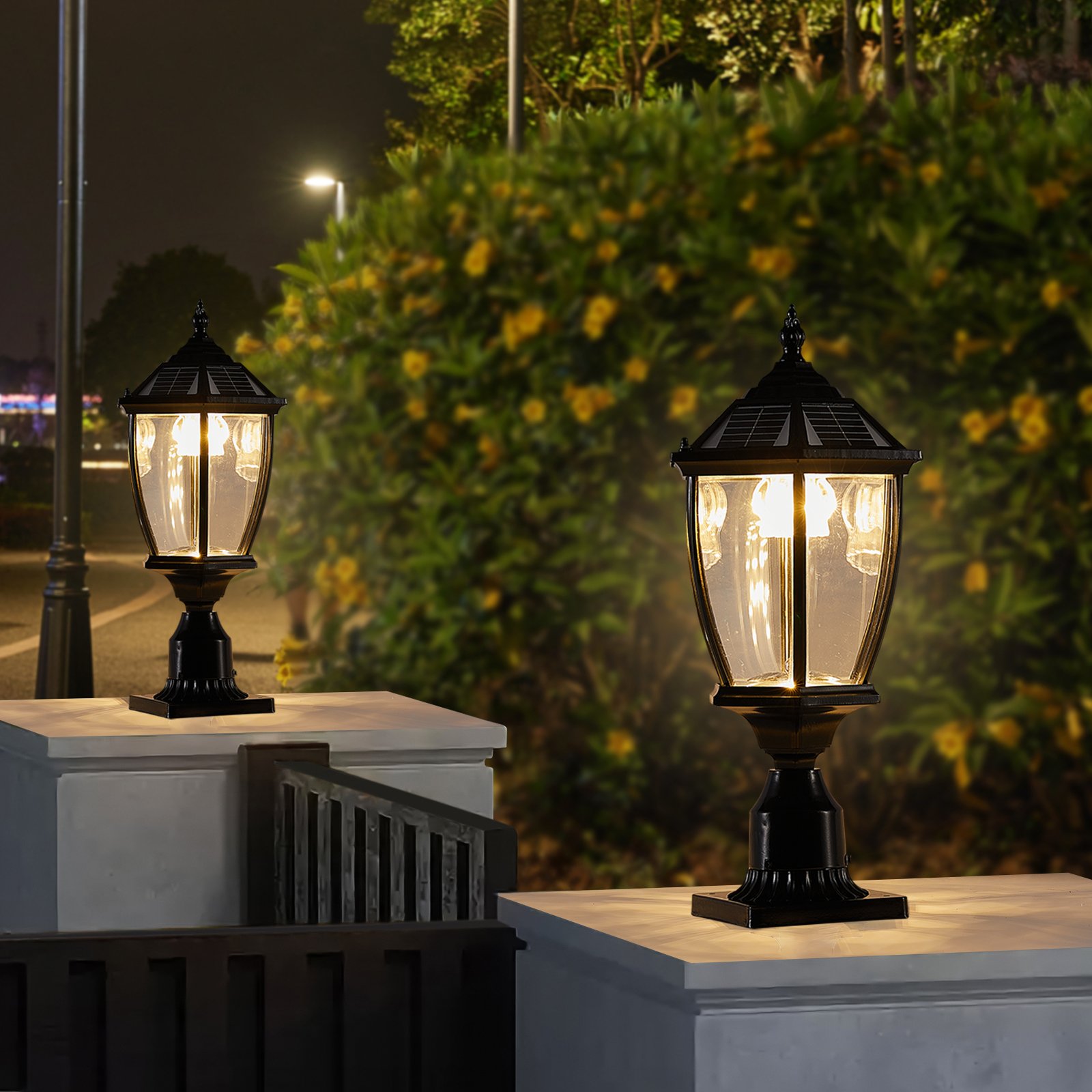 Black Solar Powered LED Outdoor Lantern, Vintage Garden Light With Elegant Glass Design For Pathways, Yards, And Patios 2-Pack (Color: Black)