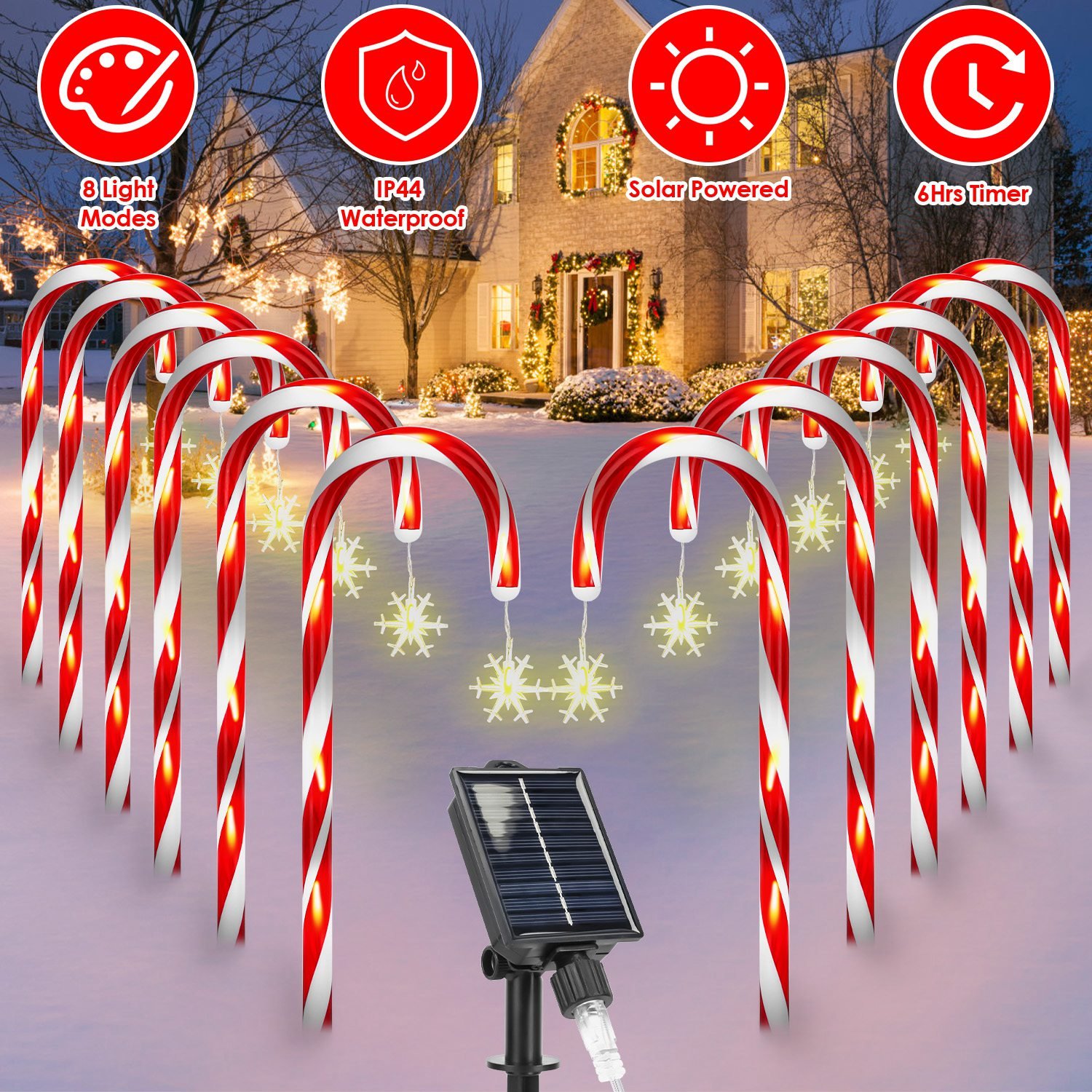 1Set Solar Christmas Candy Cane Lights With 12 Candies 72LEDs Outdoor Christmas Decorations IP44 Waterproof Flickering Pathway Markers String Lig (Option: Snowflake)