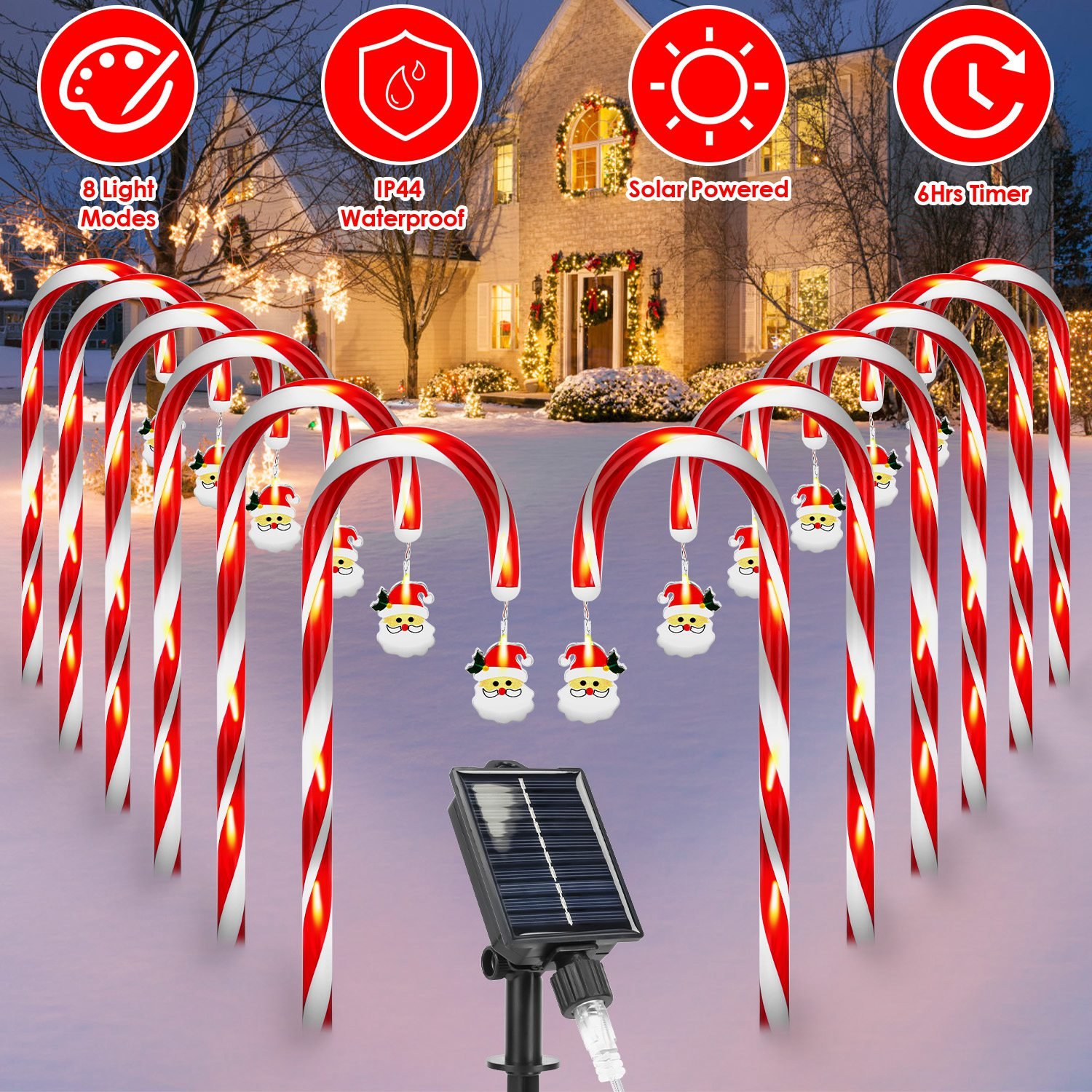 1Set Solar Christmas Candy Cane Lights With 12 Candies 72LEDs Outdoor Christmas Decorations IP44 Waterproof Flickering Pathway Markers String Lig (Option: Santa)