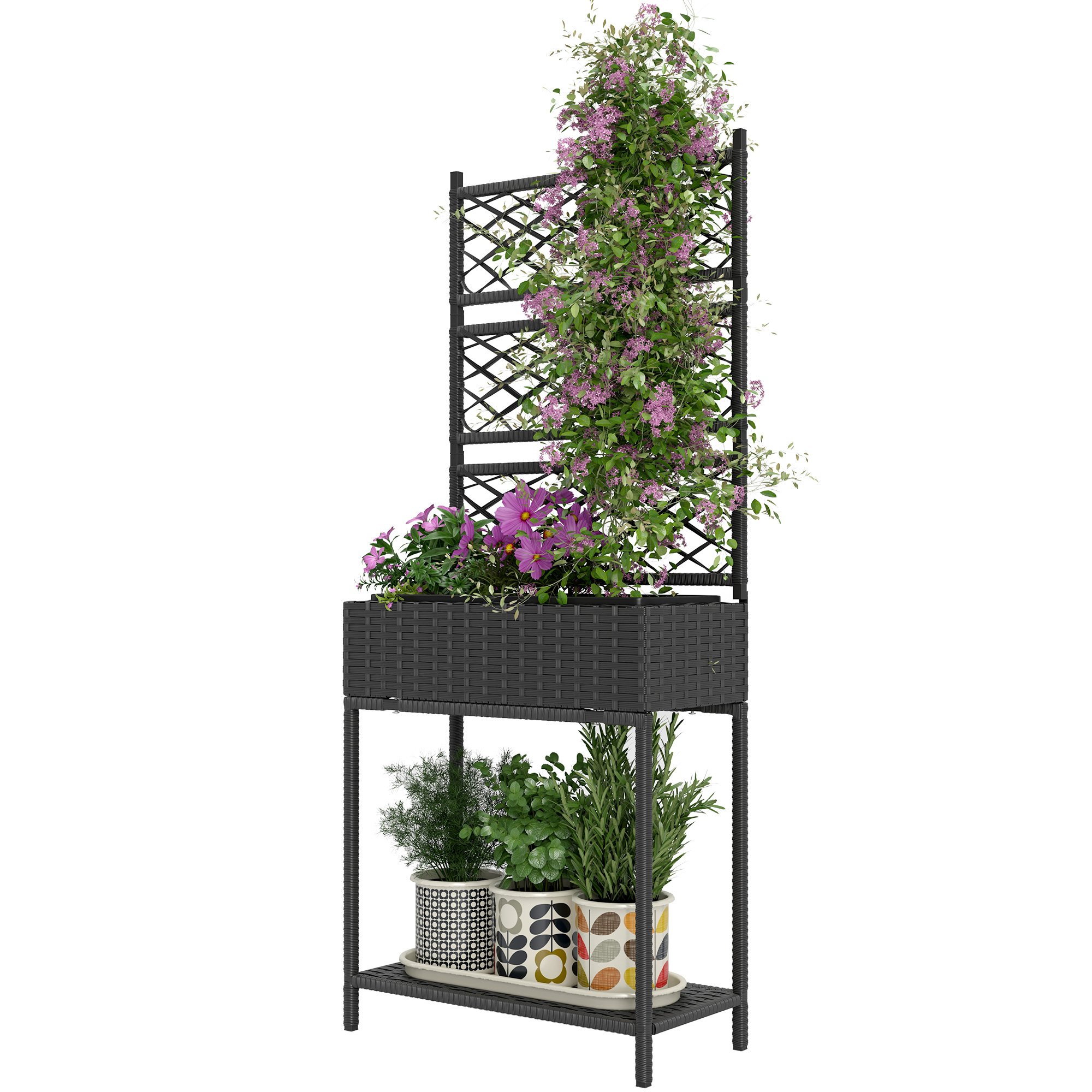 Outdoor Wicker Planter With Trellis For Climbing Plants, Freestanding Rattan Garden Box With Storage Shelf, Black (Color: Black)