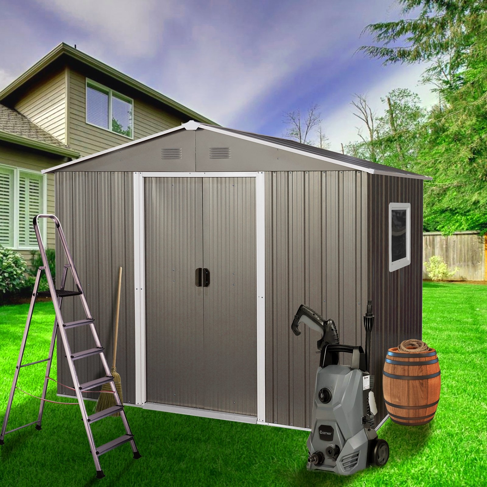 6ft X 8ft Outdoor Metal Storage Shed With Window Grey (Option: Gray)