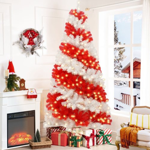 6ft Artificial Christmas Tree With 300 LED Lights And 900 Bendable Branches, Candy Cane Christmas Tree Holiday Decoration, Creative Decorated Tre (Option: RedWhite)