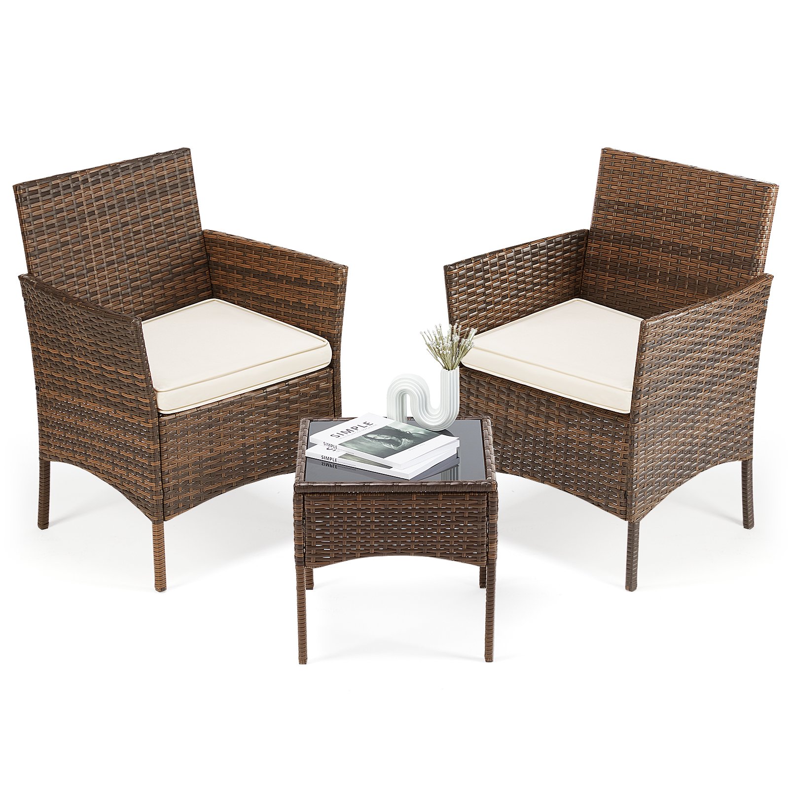 Patio Furniture Set 4 Pieces, Outdoor Furniture With Glass Table, Weaving Wicker Rattan Patio Chairs For Garden, Terrace, Porch, Lawns (Option: Three piece set BN)