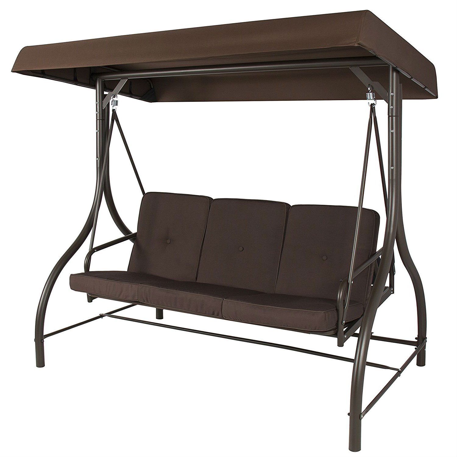 Outdoor Patio Deck Porch 3-Person Canopy Swing with Cushions (Color: Brown)