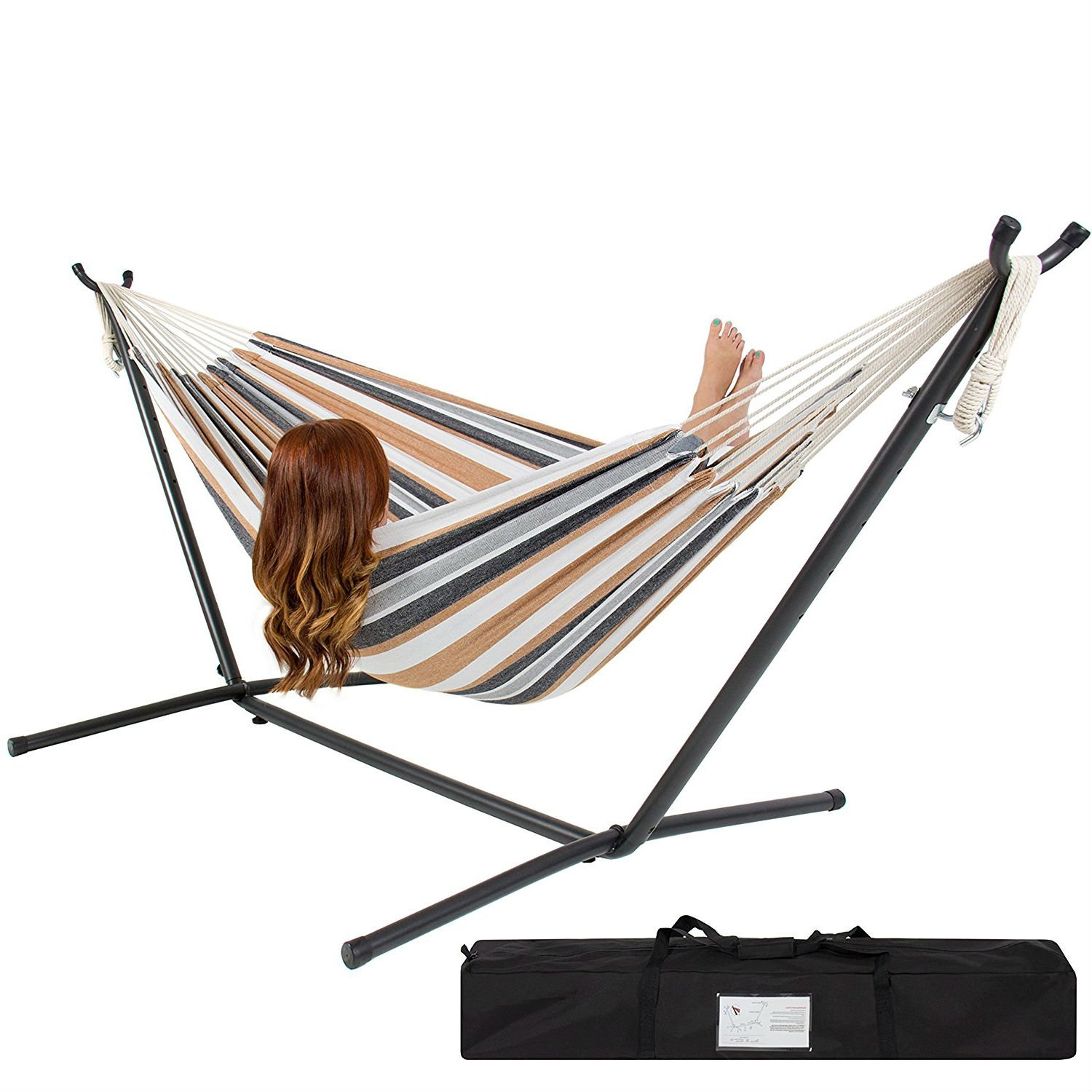 Portable Cotton Hammock with Metal Stand and Carry Case (Color: Desert Stripe)