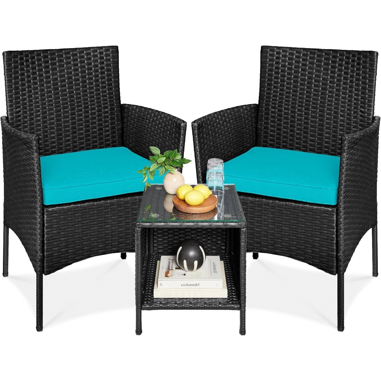 3-Piece Black PE Wicker Outdoor Dining Patio Furniture Set Cushions (Color: Teal Blue)