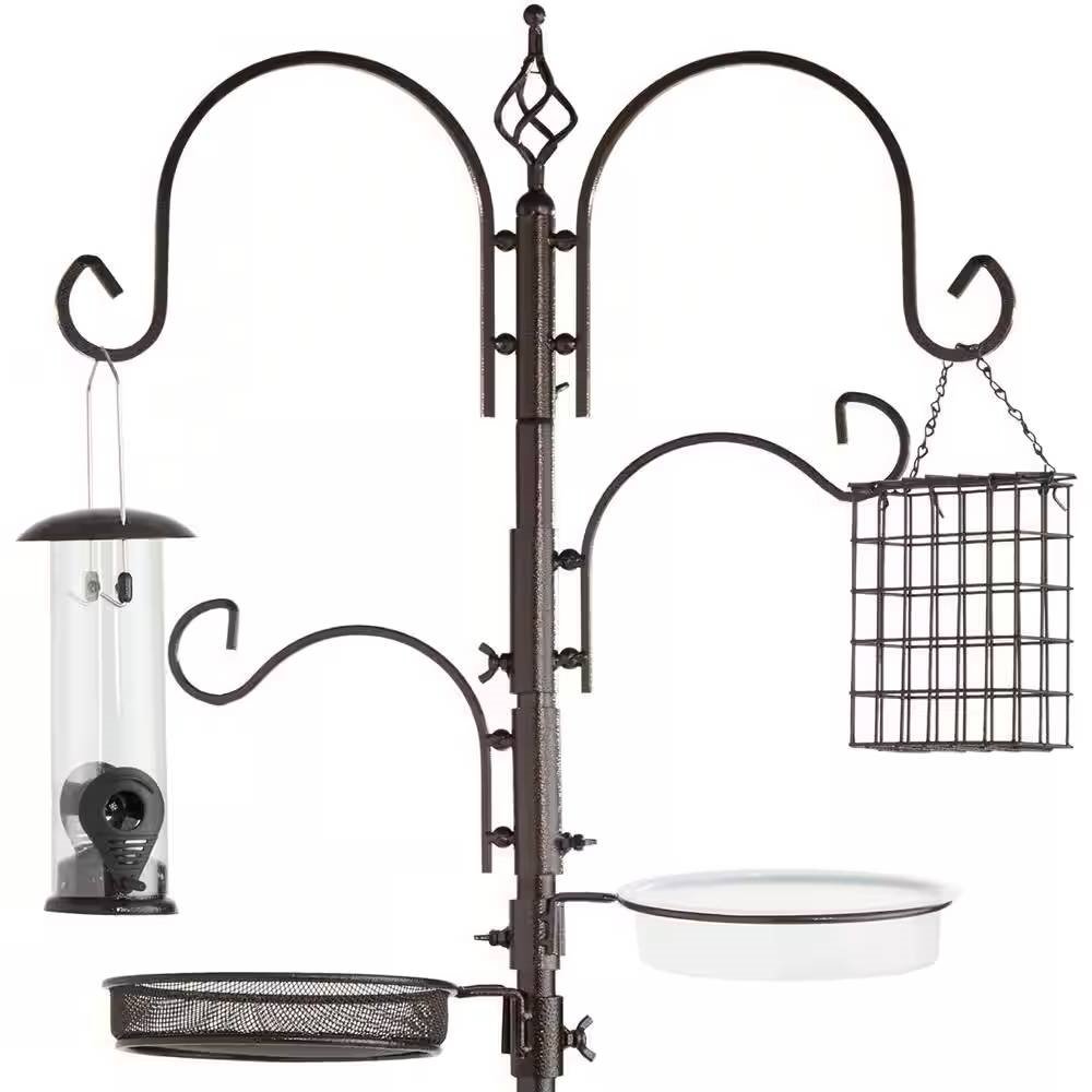 Complete Bird Feeder Set Metal Stand Suet Water Bowl Tube and Tray (Color: Bronze)