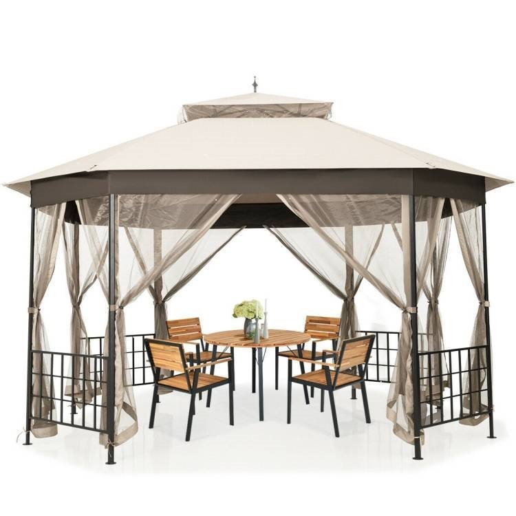 Outdoor 10 x 12 Ft Octagon Gazebo with Mosquito Net Sidewalls and Canopy (Color: Beige)