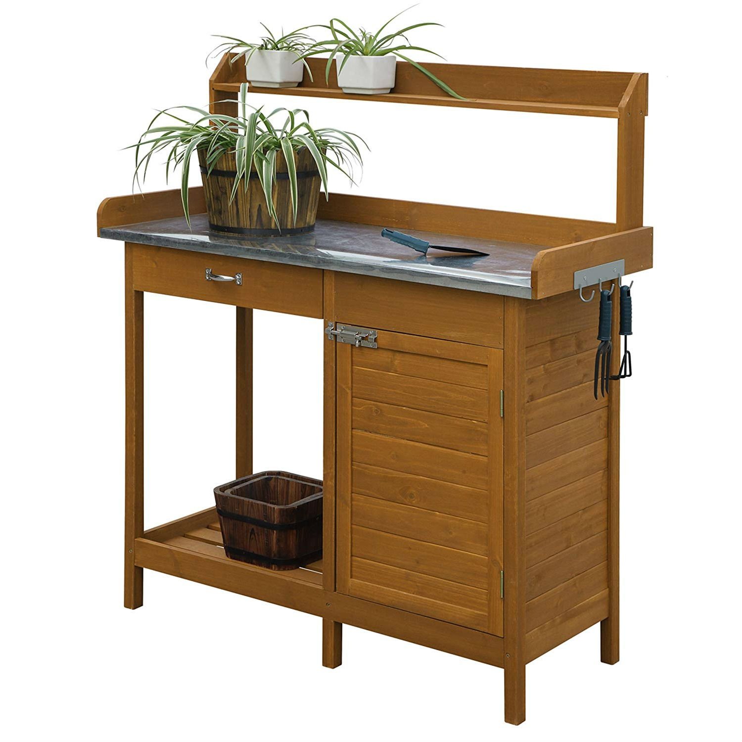 Outdoor Home Garden Potting Bench and Storage Cabinet (Option: Metal Table Top)