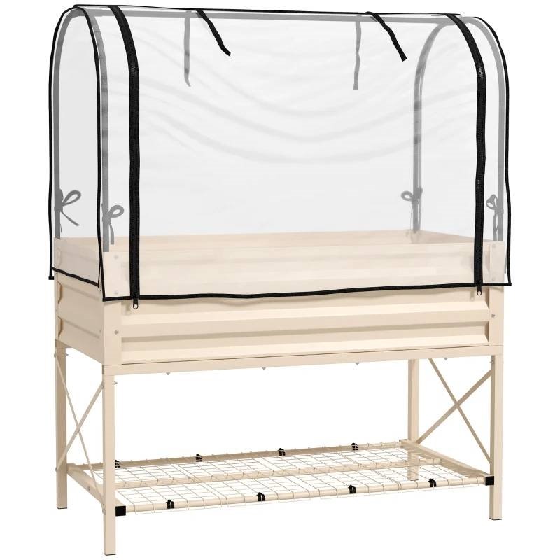 Elevated Raised Garden Bed Planter with Greenhouse Cover (Color: Cream Metal)