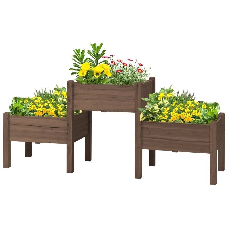 3 Wood Elevated Planter Set Vegetable Herb Flowers Raised Garden Beds (Color: Brown)