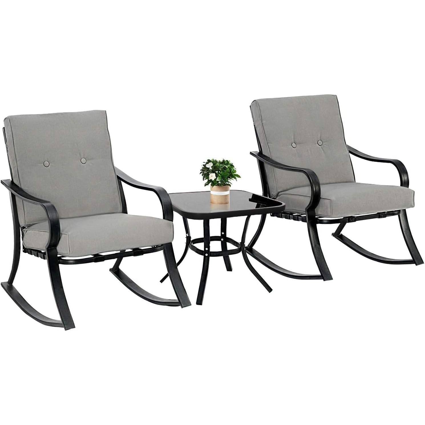 Outdoor 3-Piece Patio Furniture Table Rocking Chairs Set Cushions (Color: Grey)