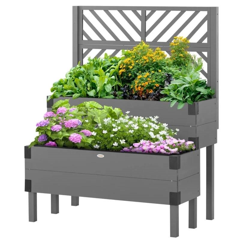 2 Tier Self Draining Wood Raised Garden Bed Planter Box with Trellis (Color: Grey)