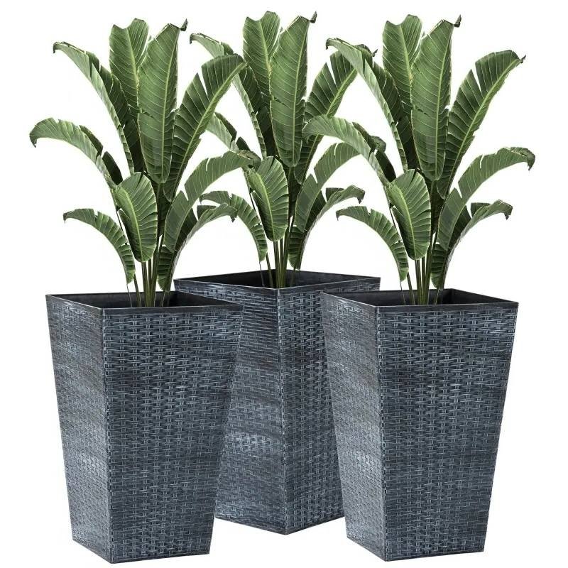 Set of 3 Faux Rattan Plastic Tall Large Flower Pots (Color: Grey)