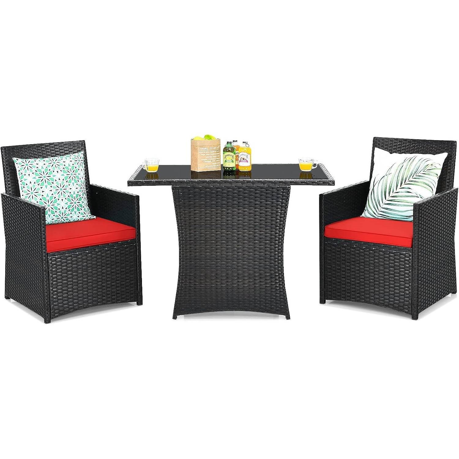 3-Piece Patio Furniture Outdoor Dining Set in Brown PE Rattan Cushions (Color: Red)
