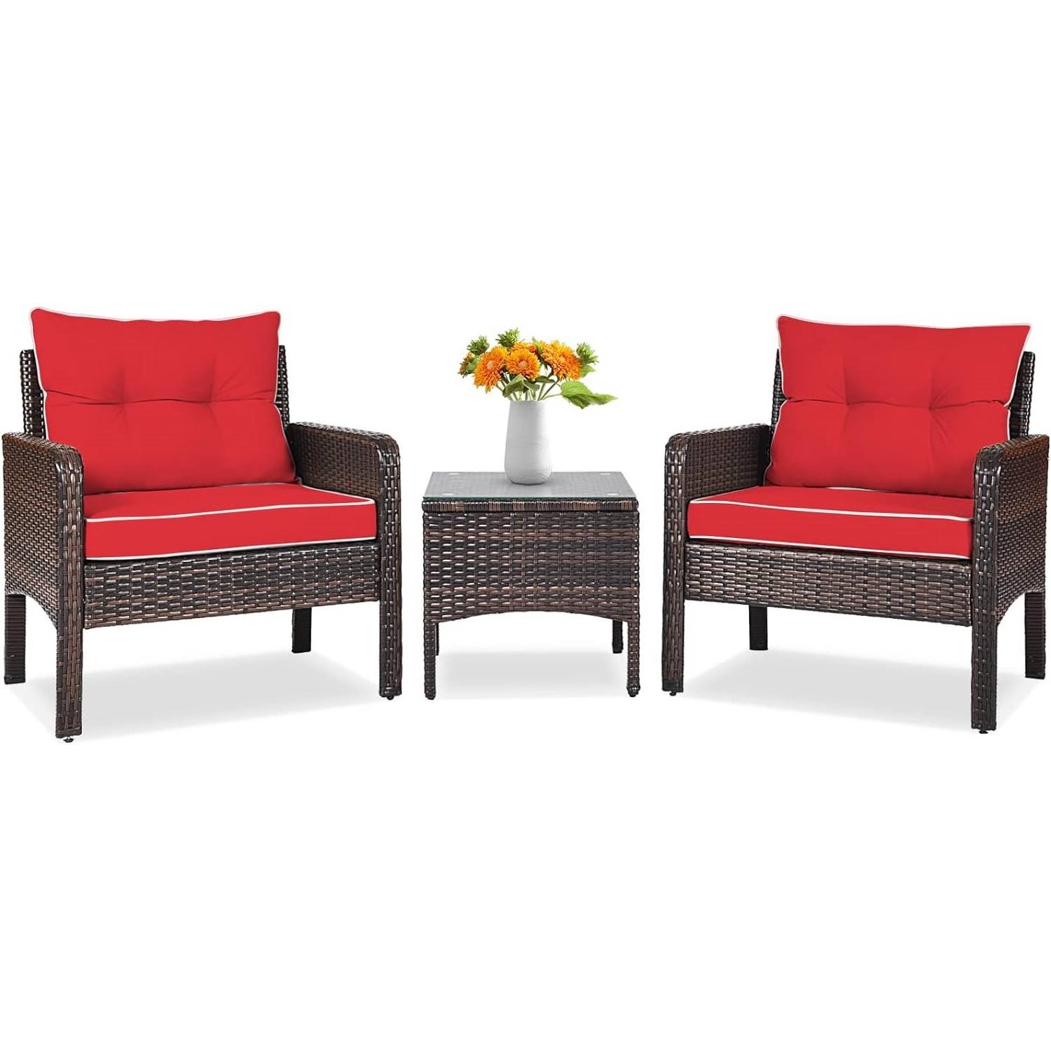 3-Piece Brown PE Rattan Outdoor Dining Patio Furniture Set Cushions (Color: Red)