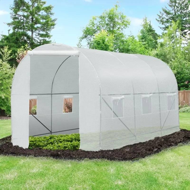 Outdoor Greenhouse w/ Heavy Duty Steel Frame and White PE Cover (size: 14.5 Ft X 6.3 Ft)