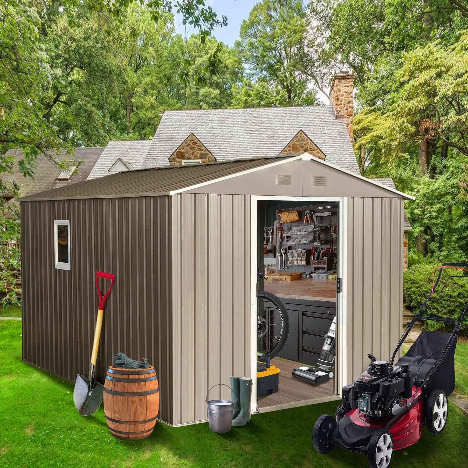 10ft X 8ft Outdoor Metal Storage Shed With Metal Floor Base,with Window,Grey (Option: Gray)